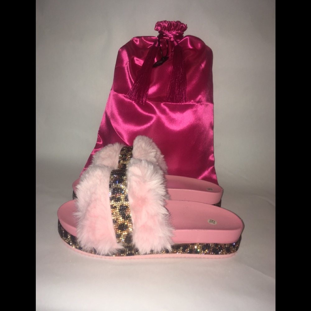 Nala Rhinestone Fur Slides (Pink, Size 8)